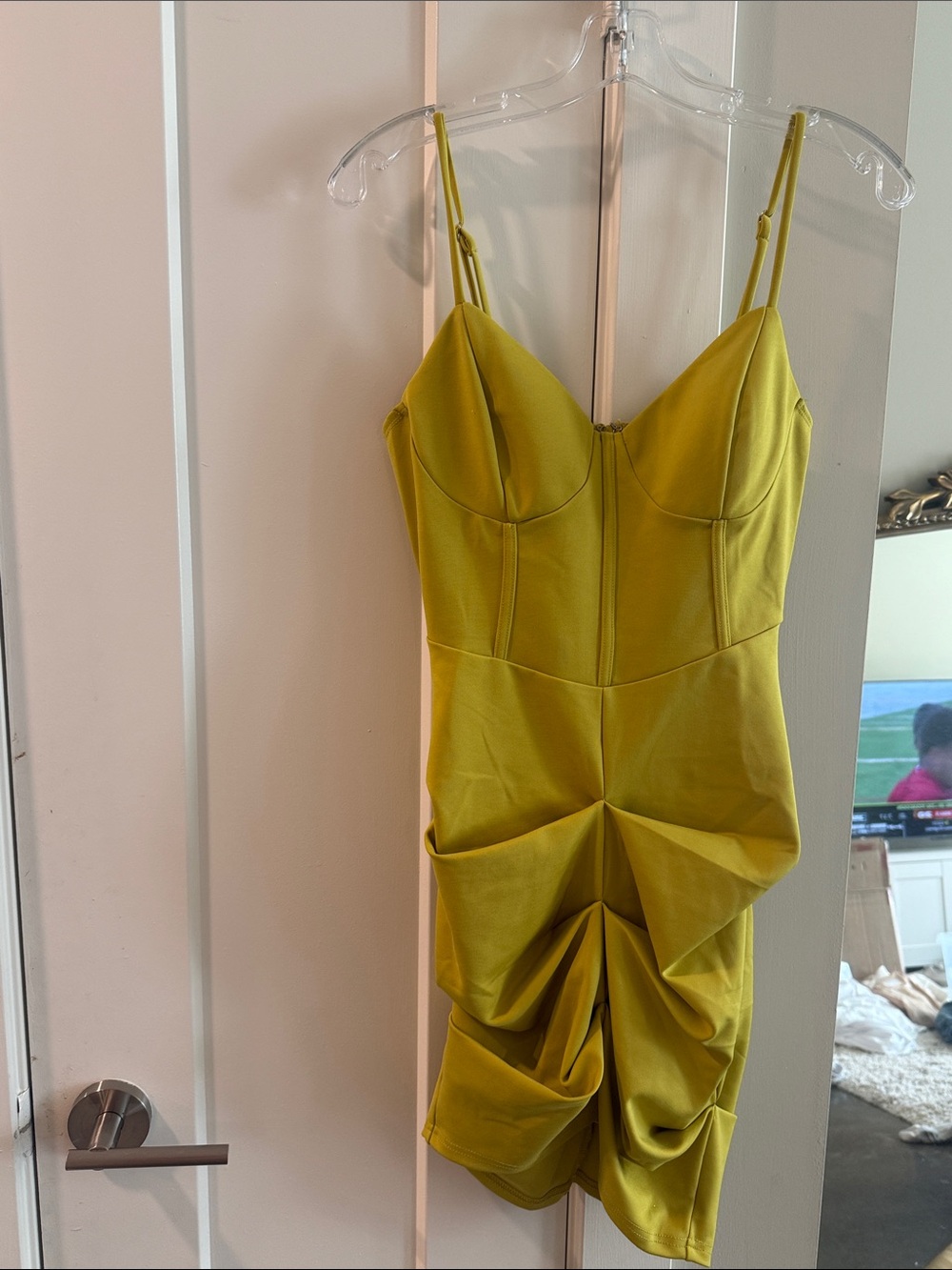 Yellow Spaghetti-Strap Ruched Dress